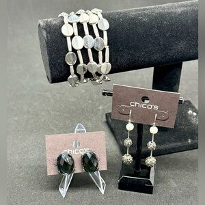 Chico's Silver Multi-Strand Bracelet, Drop Earrings, and Green Onyx Earrings NWT
